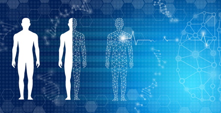 Abstract background technology concept in blue light, brain and human body heal. Technology modern medical science in future and global international medical with tests analysis clone DNA human.のイラスト素材