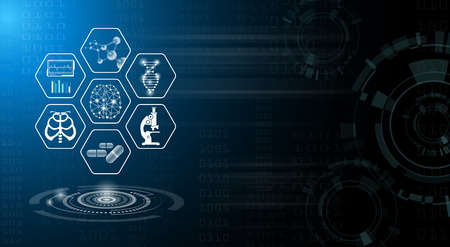 abstract background technology concept in blue light,brain and human body heal ,technology modern medical science in future and global international medical with tests analysis clone DNA humanのイラスト素材