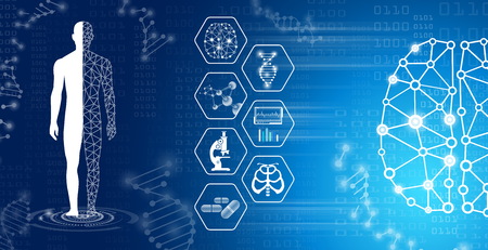 abstract background technology concept in blue light,brain and human body heal ,technology modern medical science in future and global international medical with tests analysis clone DNA humanのイラスト素材