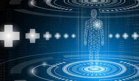 abstract background technology concept in blue light,brain and human body heal ,technology modern medical science in future and global international medical with tests analysis clone DNA humanのイラスト素材