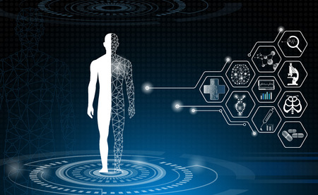 abstract background technology concept in blue light,brain and human body heal ,technology modern medical science in future and global international medical with tests analysis clone DNA humanのイラスト素材