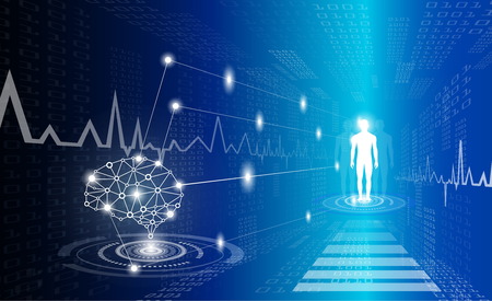 abstract background technology concept in blue light,brain and human body heal ,technology modern medical science in future and global international medical with tests analysis clone DNA humanのイラスト素材