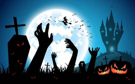illustration halloween festival background,full moon on dark night with zombie hand up from the grave,many ghost and devil walking to castle for celebration halloween dayのイラスト素材
