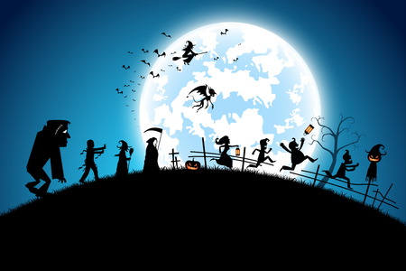 illustration blue background concept,many people with men and women wearing as ghost and devil for festival halloween,full moon on dark night with happy children for celebration halloween dayのイラスト素材