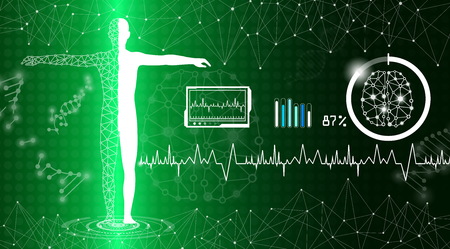 abstract background technology concept in green light,human body heal,technology modern medical science in future and global international medical with tests analysis clone DNA humanのイラスト素材