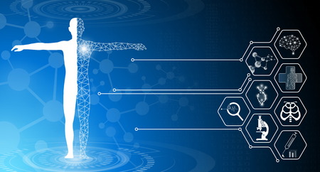 abstract background technology concept in blue light,brain and human body heal ,technology modern medical science in future and global international medical with tests analysis clone DNA humanのイラスト素材