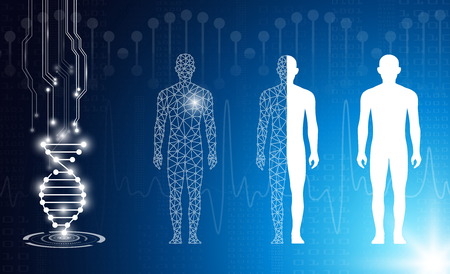 abstract background technology concept in blue light,brain and human body heal ,technology modern medical science in future and global international medical with tests analysis clone DNA humanのイラスト素材
