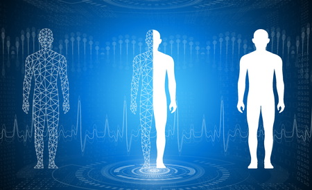 abstract background technology concept in blue light,brain and human body heal ,technology modern medical science in future and global international medical with tests analysis clone DNA humanのイラスト素材