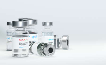 3D illustration vaccine bottle for covid19 on white background,vaccination coronavirus covid-19,copy space 3D randering for virus epidemic preventionの写真素材