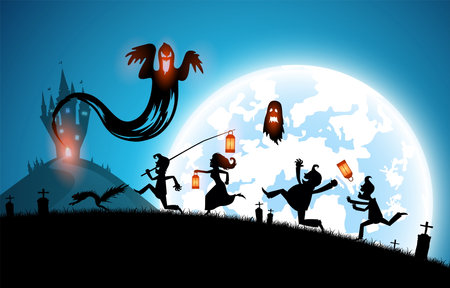 illustration blue background,festival halloween concept,full moon on dark night with many ghost,scarecrow,frankenstein and devil walking to castle for celebration halloween dayのイラスト素材