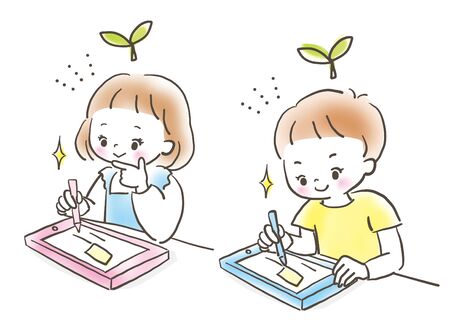 Tablet Learning Boys Girl Hand-painted Pastel Paintingsのイラスト素材
