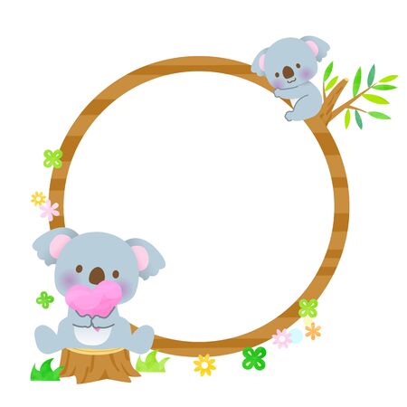 A cute koala sitting on a stump with a heart and a koala hugging it in a round wooden frameのイラスト素材