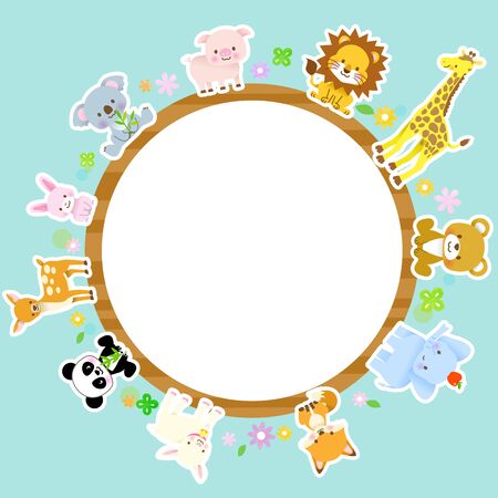 A group of cute animals in a circle / Panda, giraffe, koala, elephant, bear, lion, fox, pig, rabbit, deer, goatのイラスト素材