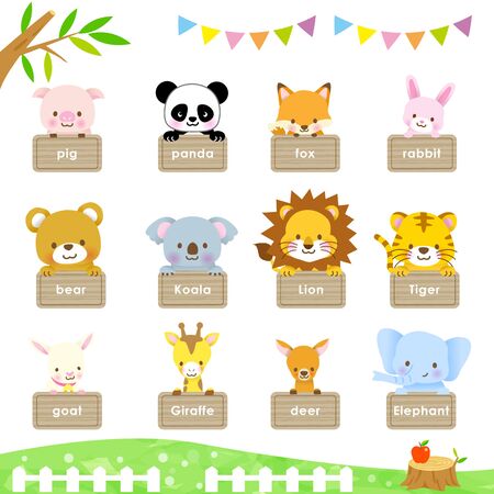 Cute animal swarm name / Tiger, Panda, Giraffe, Koala, Elephant, Bear, Lion, Fox, Pig, Rabbit, Deer, Goatのイラスト素材