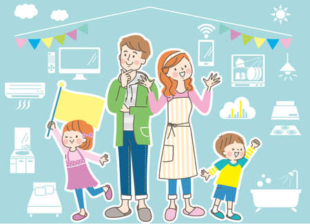 Smiling Family and Home Appliance Iconsのイラスト素材