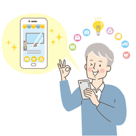 Elderly men shopping online on their smartphonesのイラスト素材