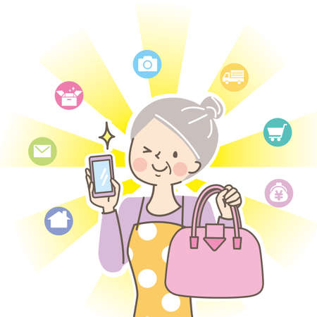 Senior woman shopping online on smartphoneのイラスト素材