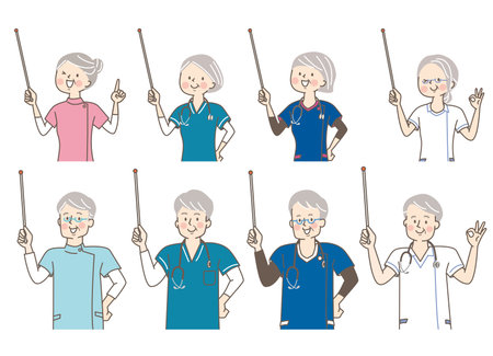Facial expression set for senior doctors, nurses and chiropractorsのイラスト素材