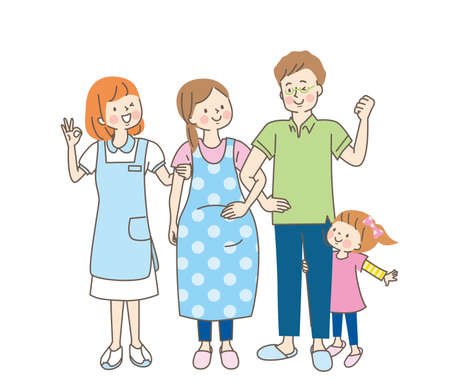 Nurse and family laughing with arms crossed with pregnant womanのイラスト素材