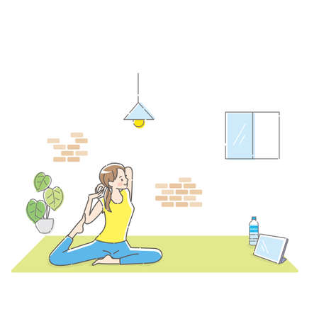 Illustration of a young woman doing yoga while looking at a tablet at homeのイラスト素材