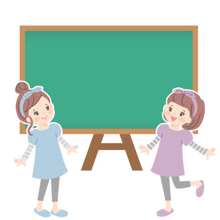 Cute girl talking while looking at signboardのイラスト素材