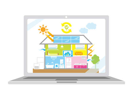Image illustration of eco-house on pc screenのイラスト素材