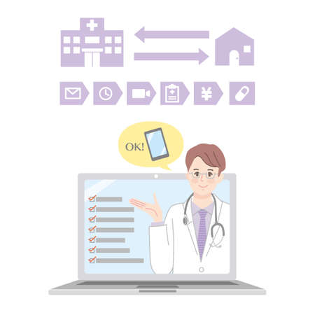 Young male doctors who consult online and explanations of medical proceduresのイラスト素材