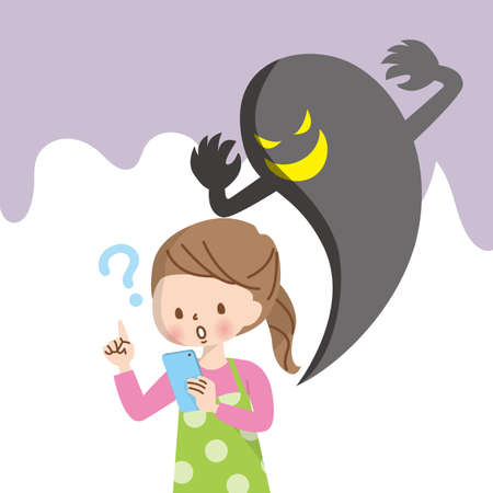 Shadows creeping on children using smartphones / Internet, crime, fraudのイラスト素材