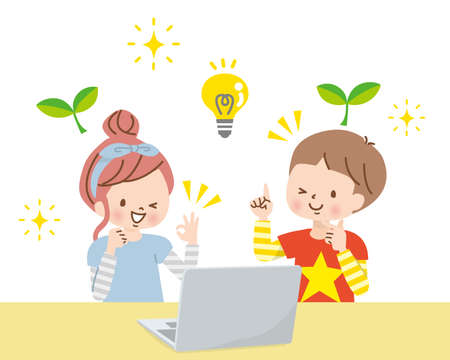 Children studying together on a computerのイラスト素材