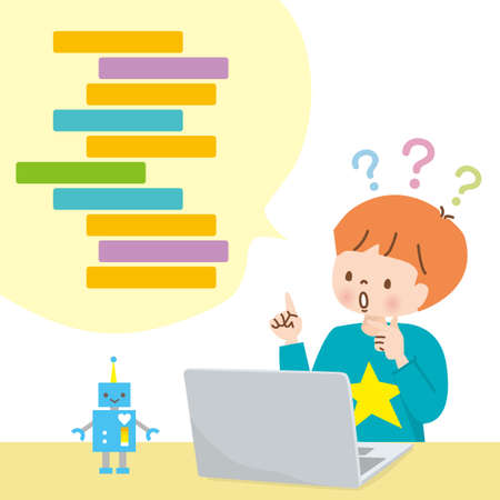 Boy and robot learning programming on pcのイラスト素材