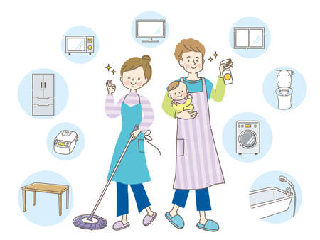 Smiling couple, furniture and appliances sterilizing the houseのイラスト素材