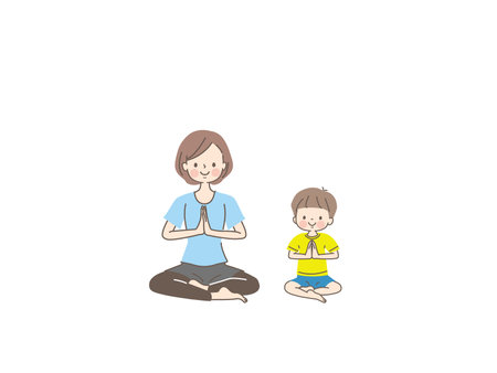 Mom and child enjoying yoga with smileのイラスト素材