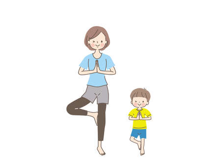 Mom and child enjoying yoga with smileのイラスト素材