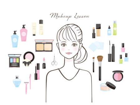 Skin care items and women's illustration setのイラスト素材
