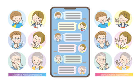 Three-generation family expression icon set and smartphone screenのイラスト素材