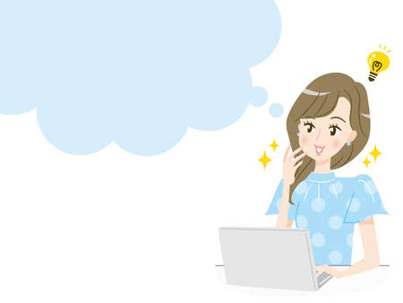 A young woman flashes at a computer screen and a speech bubbleのイラスト素材