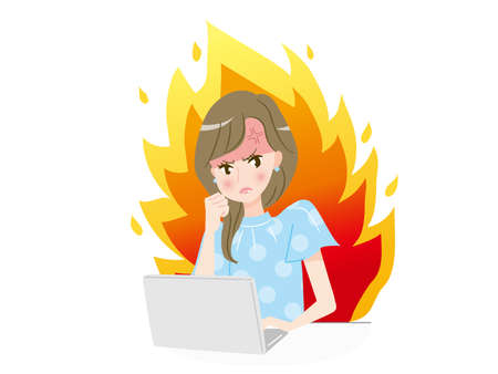 Speech bubbles with a young woman angry at the computer screenのイラスト素材