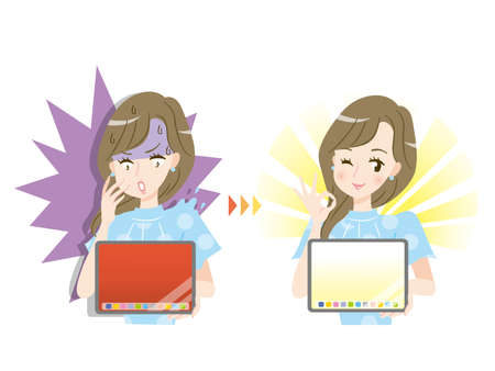 A woman who is impatient looking at the screen of a tablet and a woman who smilesのイラスト素材