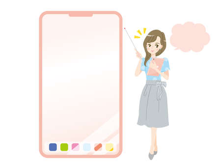 Young smiling woman explaining on the screen of a smartphoneのイラスト素材