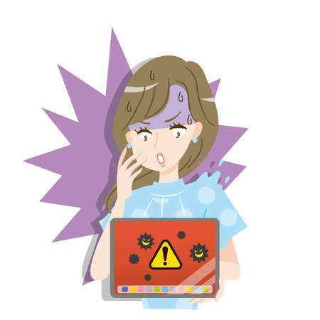A woman impatiently looks at a tablet infected with a virusのイラスト素材