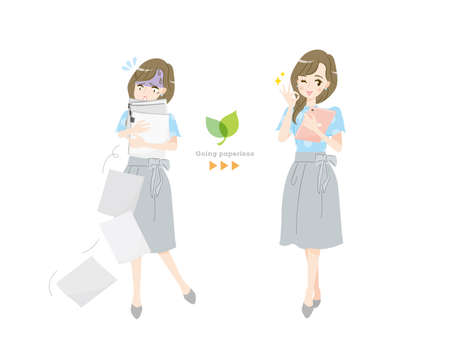 Illustration material of a business woman who proposes paperlessのイラスト素材