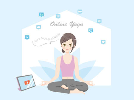 Illustration material of a young woman doing online yoga at homeのイラスト素材