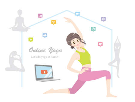 Illustration material of a young woman doing online yogaのイラスト素材