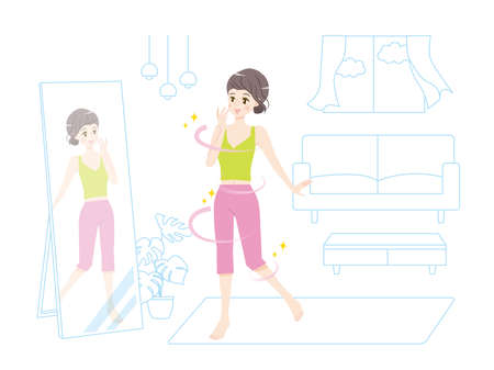 Illustration material that makes women who have succeeded in dieting happy to look in the mirrorのイラスト素材