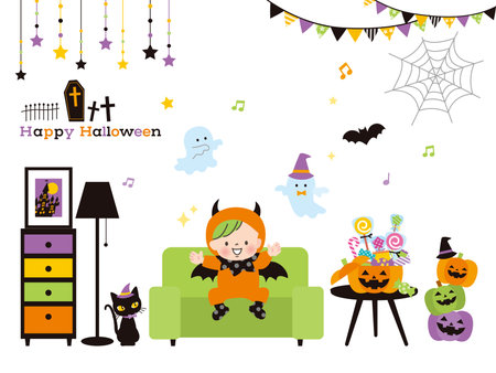 Prepare for a Halloween party and baby dressed as a devilのイラスト素材