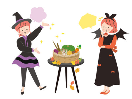 Halloween dishes made with autumn vegetables and women dressed up in costumesのイラスト素材