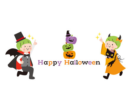 Kids in Halloween costumes and jack-o'-lanternsのイラスト素材