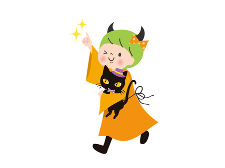 Illustration of a girl dressed as a devil and holding a black catのイラスト素材
