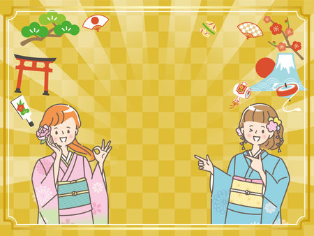 Illustration set of woman in sunny clothes and New Year backgroundのイラスト素材