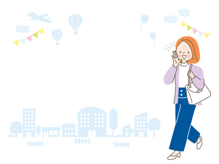 Vector illustration set of young woman going out and cityscapeのイラスト素材